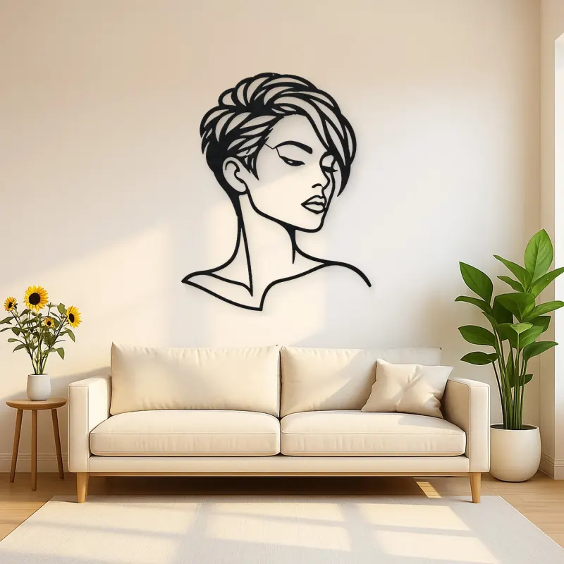Short Hair Modern Face Metal Wall Art | Minimalist Woman Line Art