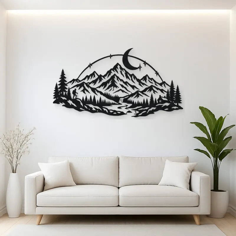 Moonlit Mountain Arc Metal Wall Art | Nature Silhouette Decor