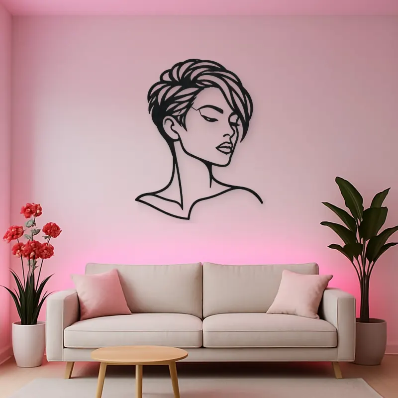 Short Hair Modern Face Metal Wall Art | Minimalist Woman Line Art