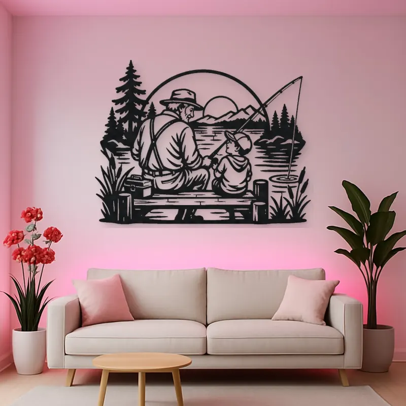 Grandfather Grandson Fishing Metal Wall Art | Family Silhouette Decor