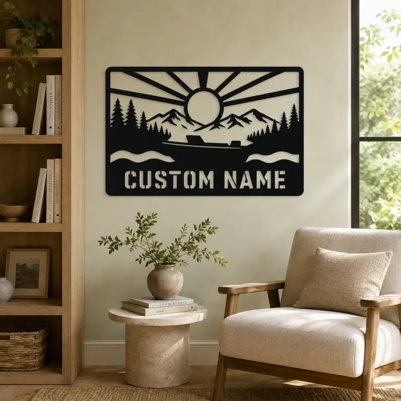 Personalized Speedboat Metal Wall Art with Mountain Lake - lifestyle view 4