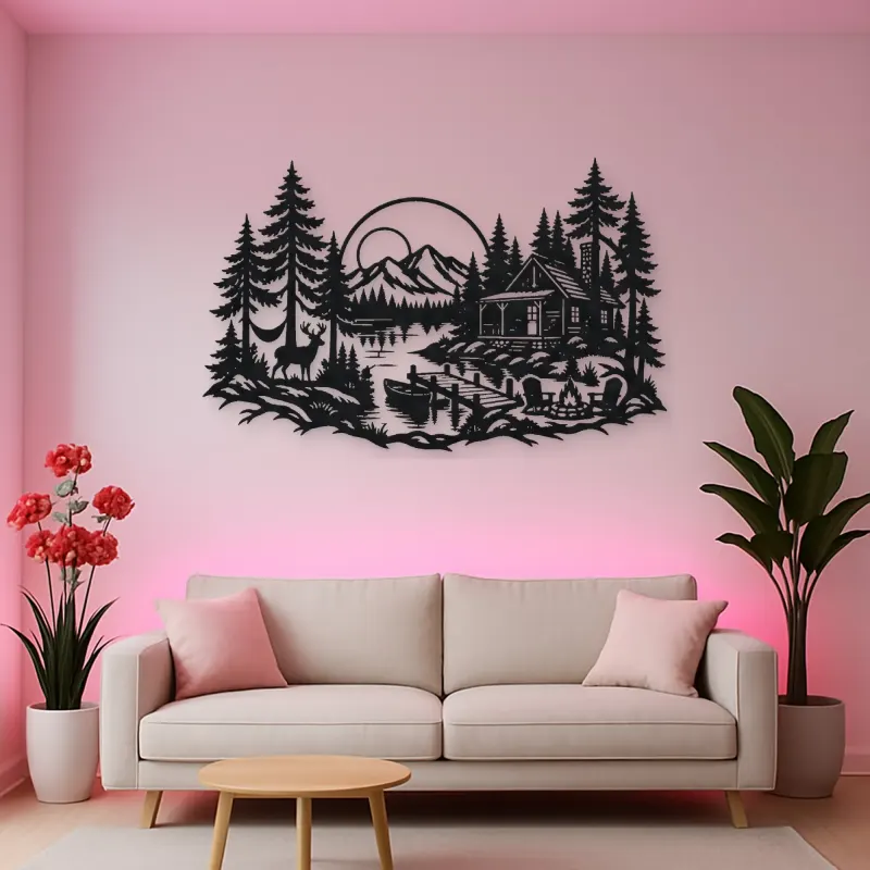 Lakeside Forest Cabin Metal Wall Art | Nature Silhouette Decor