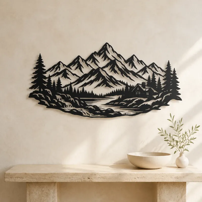 Cabin below the Peaks Metal Wall Art | Nature Silhouette Decor - lifestyle view 3