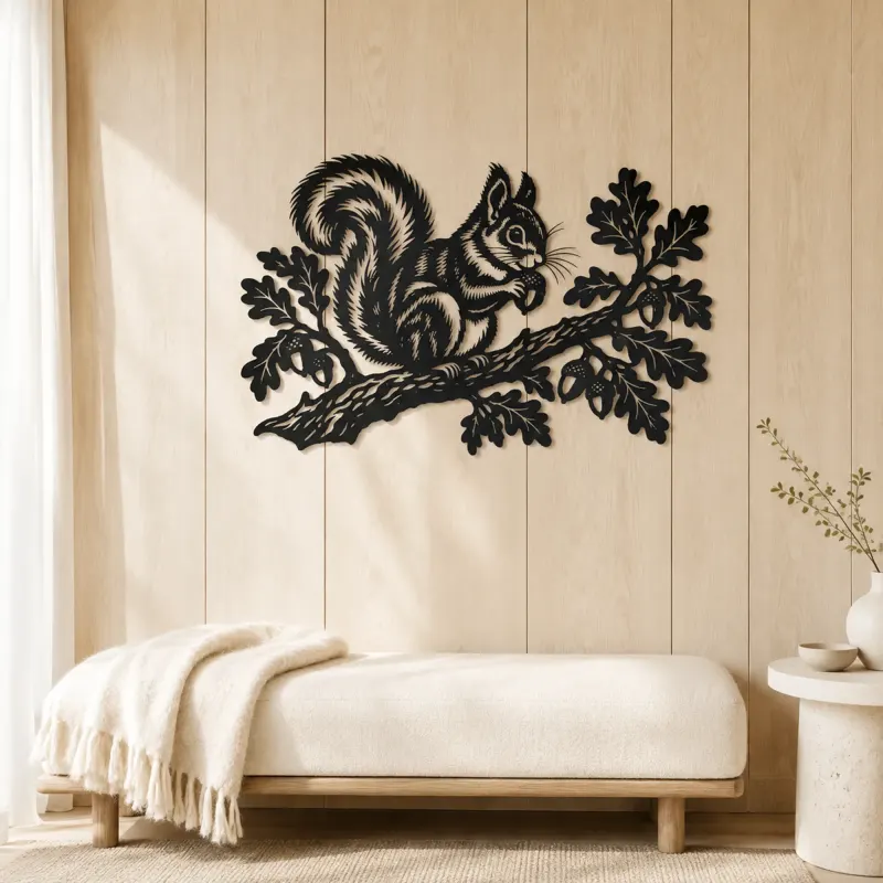 Squirrel Oak Branch Metal Wall Art | Wildlife Silhouette Decor - lifestyle view 5