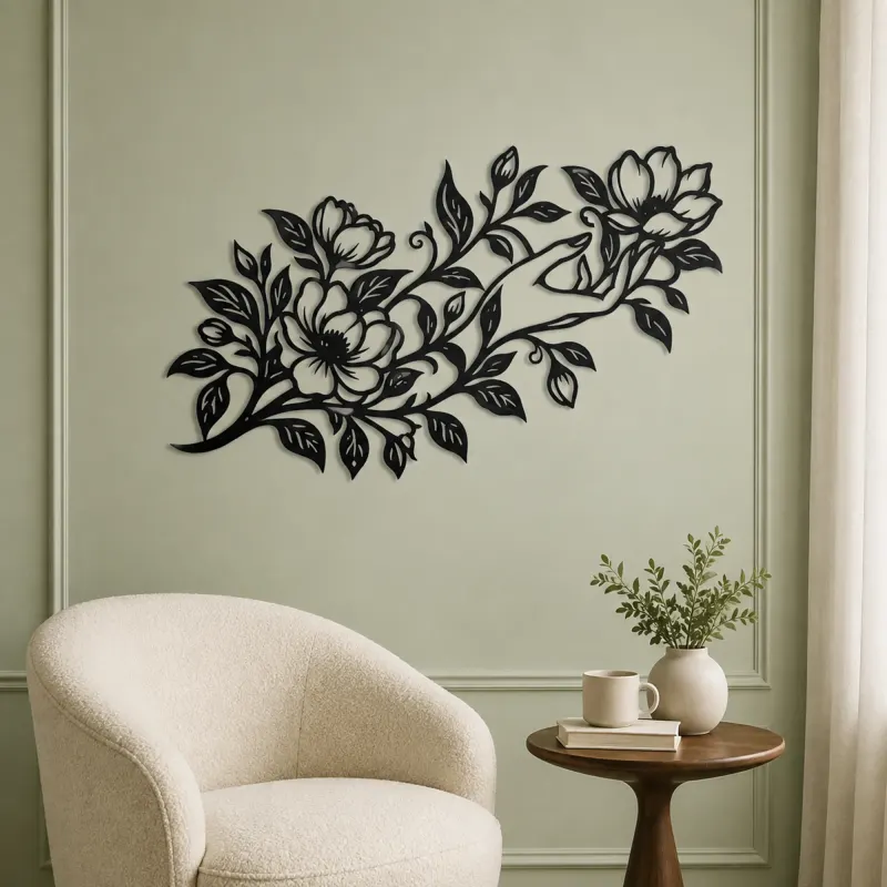 Botanical Woman Hand Metal Wall Art | Minimalist Woman Line Art - lifestyle view 2