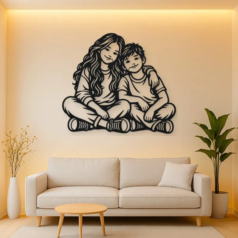 Siblings Side by Side Metal Wall Art | Family Silhouette Decor