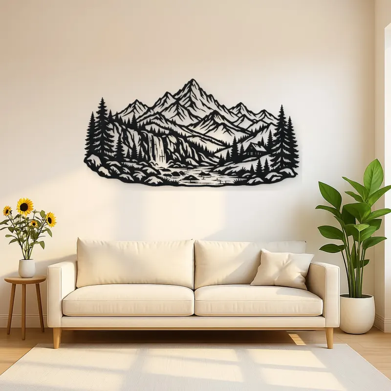 Waterfall Mountain Valley Metal Wall Art | Nature Silhouette Decor