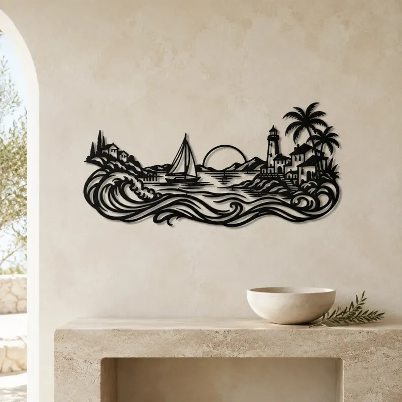 Coastal Village Line Metal Wall Art | Coastal and Nautical Wall Decor - lifestyle view 3