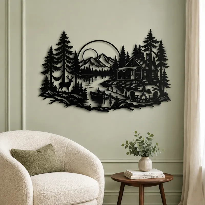 Lakeside Forest Cabin Metal Wall Art | Nature Silhouette Decor - lifestyle view 2