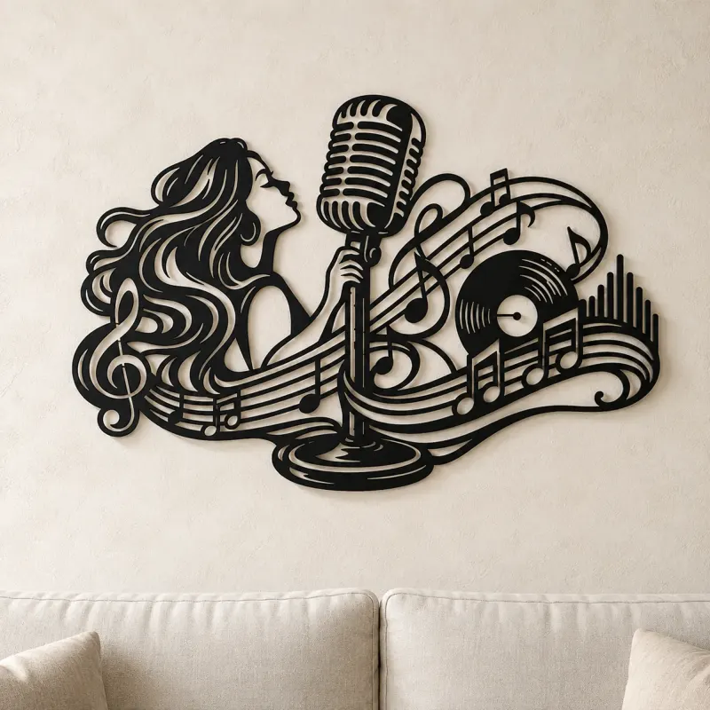 Arte mural de metal de melodía de micrófono | Decoración para sala de música