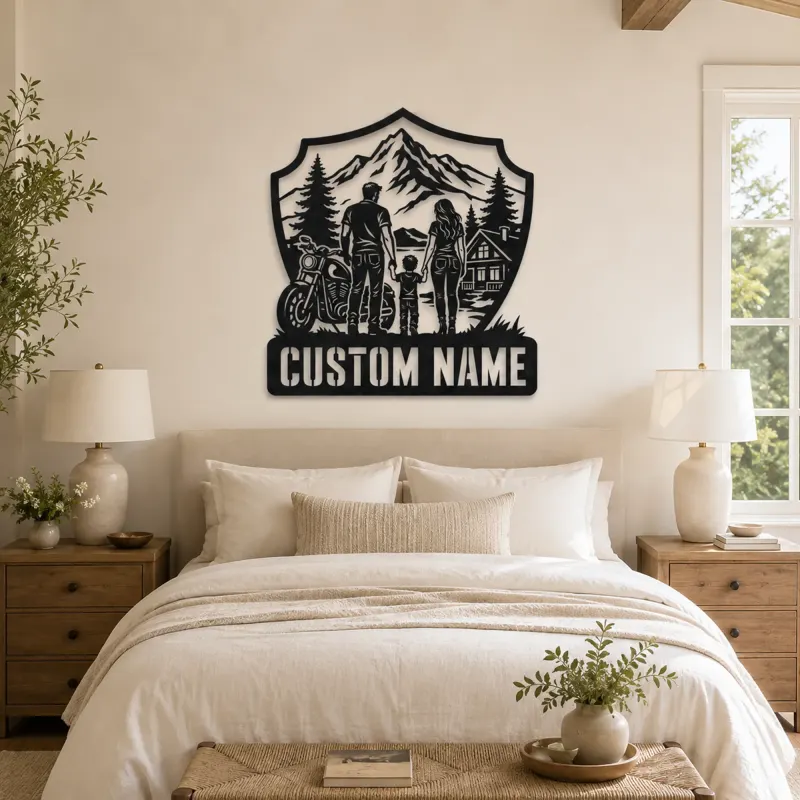 Personalized Family of Three Motorcycle Mountain Cabin Metal Wall Art - lifestyle view 2