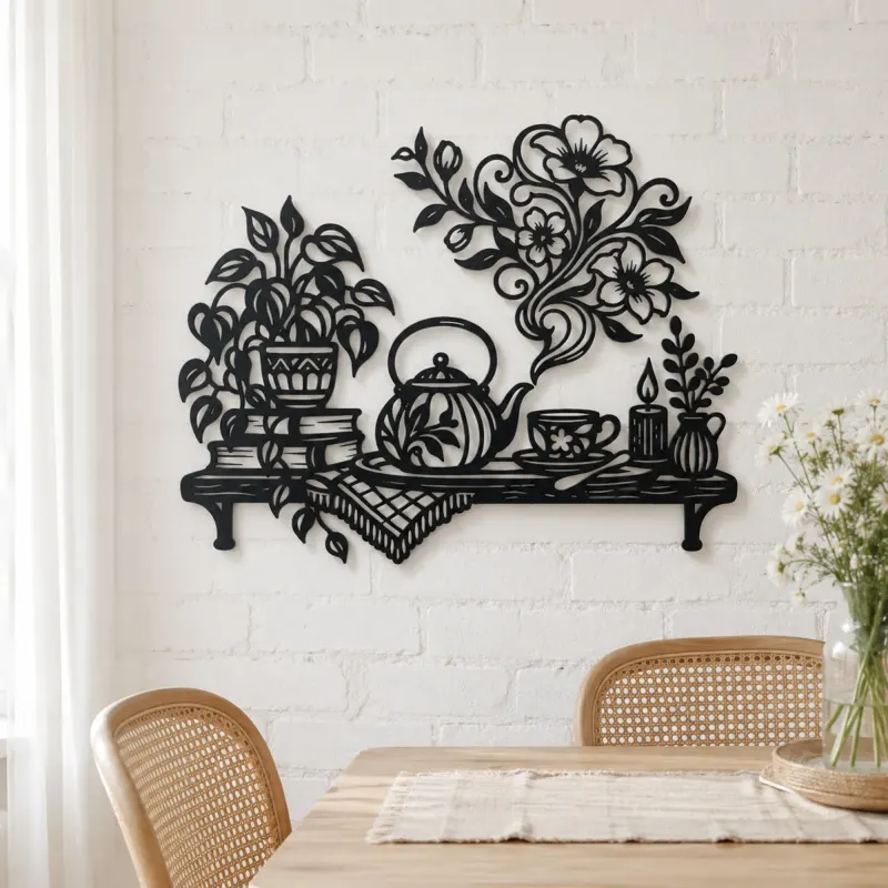 Teapot Floral Steam Metal Wall Art | Botanical Metal Wall Decor - lifestyle view 4