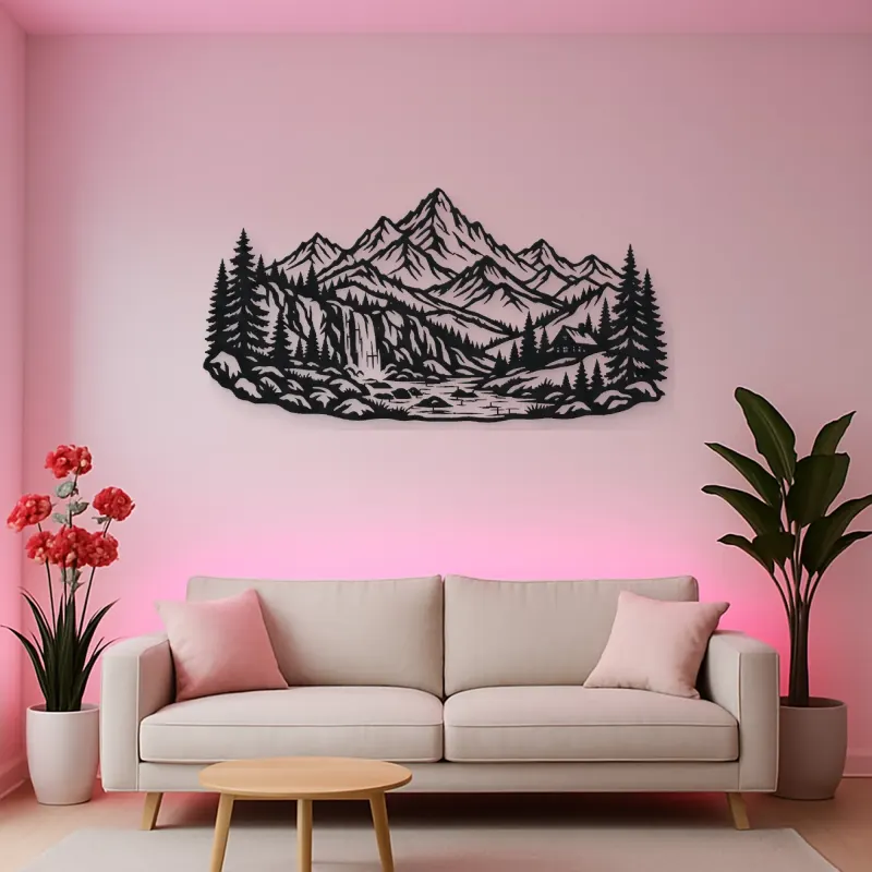 Waterfall Mountain Valley Metal Wall Art | Nature Silhouette Decor
