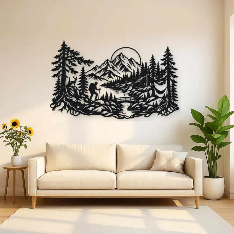 Hiker in the Woods Metal Wall Art | Nature Silhouette Decor