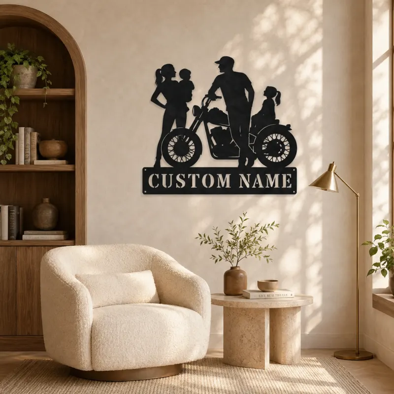 Personalized Motorcycle Family with Seated Daughter Metal Wall Art - lifestyle view 5