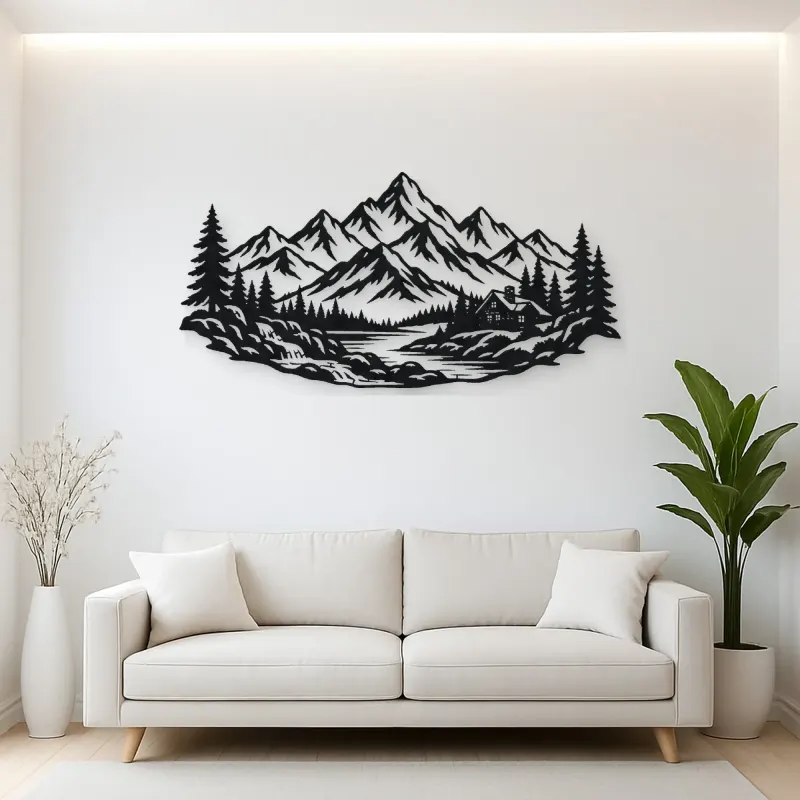 Cabin below the Peaks Metal Wall Art | Nature Silhouette Decor