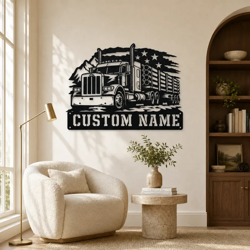 Personalized Logging Semi Truck Patriotic Mountain Metal Wall Art - lifestyle view 5