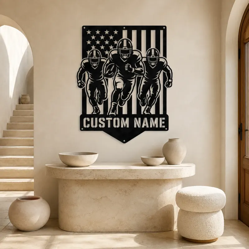 Personalized Three Football Players Flag Metal Wall Art - lifestyle view 3