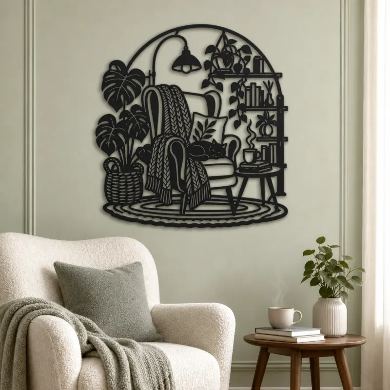 Reading Chair Corner Metal Wall Art | Cozy Home Metal Decor - lifestyle view 2