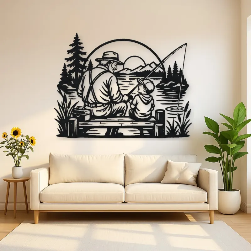 Grandfather Grandson Fishing Metal Wall Art | Family Silhouette Decor