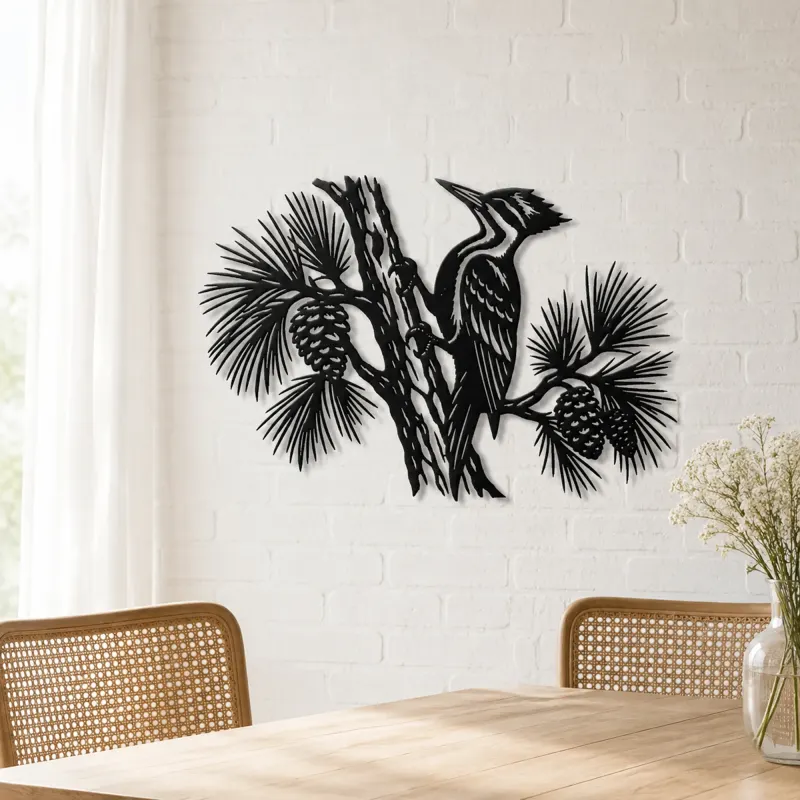Woodpecker Pine Metal Wall Art | Wildlife Silhouette Decor - lifestyle view 4