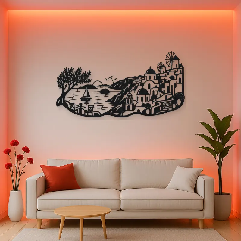 Santorini Coastal Line Metal Wall Art | Travel and City Wall Decor