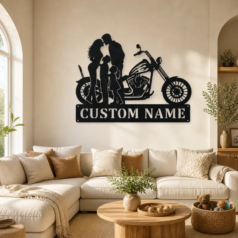 Décoration murale en métal personnalisée pour famille de quatre avec chopper
