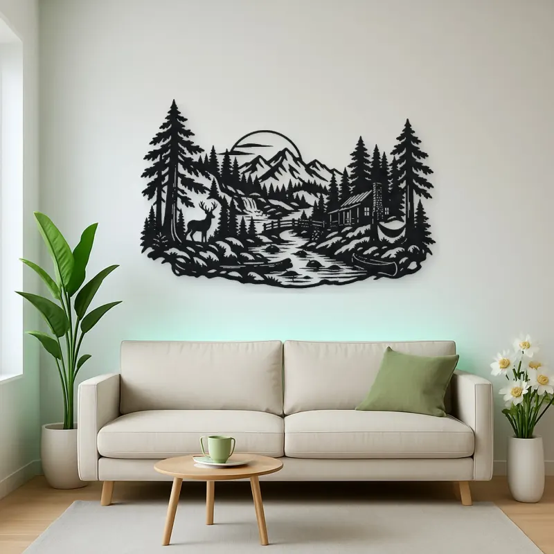 River through the Forest Metal Wall Art | Nature Silhouette Decor