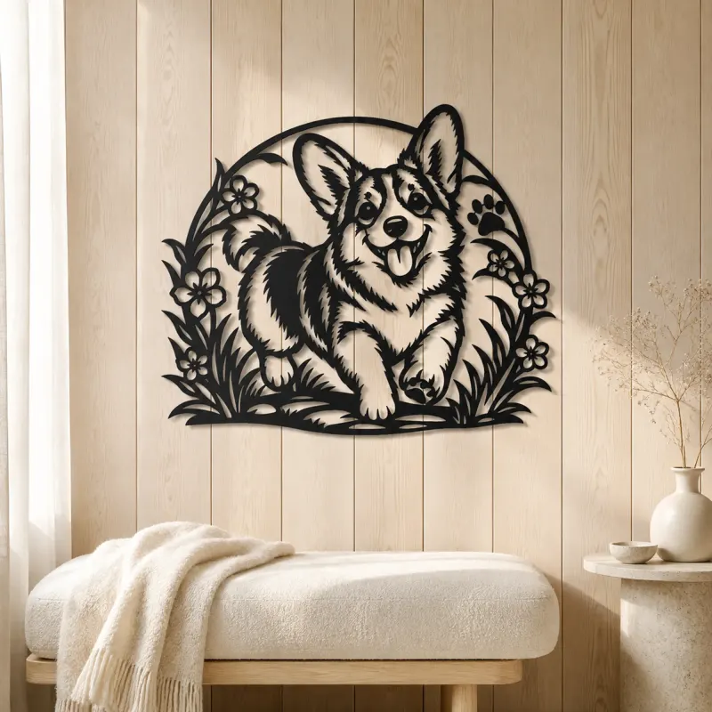 Corgi Happy Curve Metal Wall Art | Pet Lover Silhouette Decor - lifestyle view 5