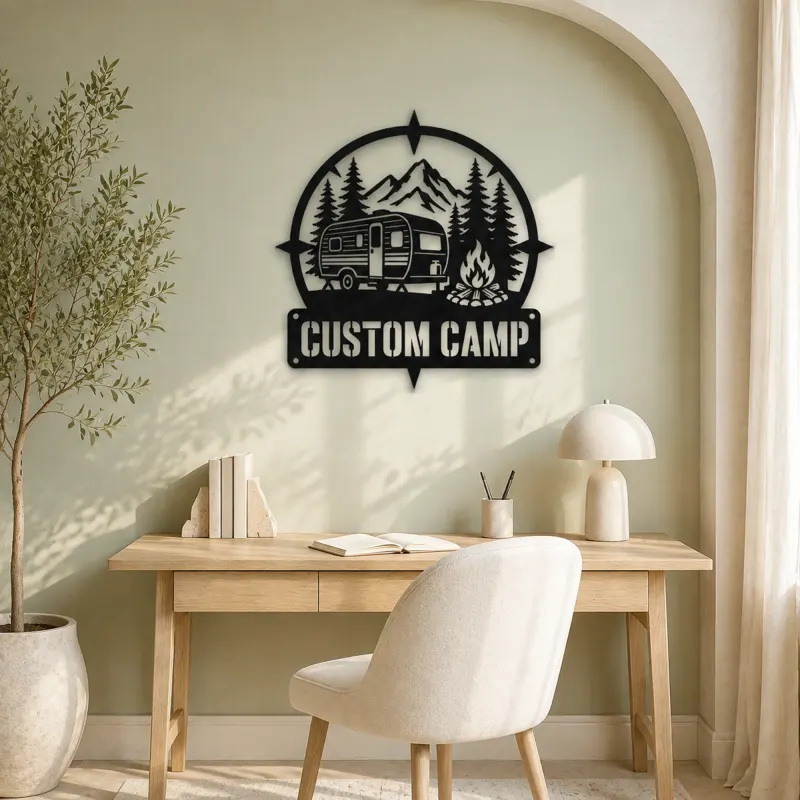 Personalized Travel Trailer Metal Wall Art with Campfire Scene - lifestyle view 4