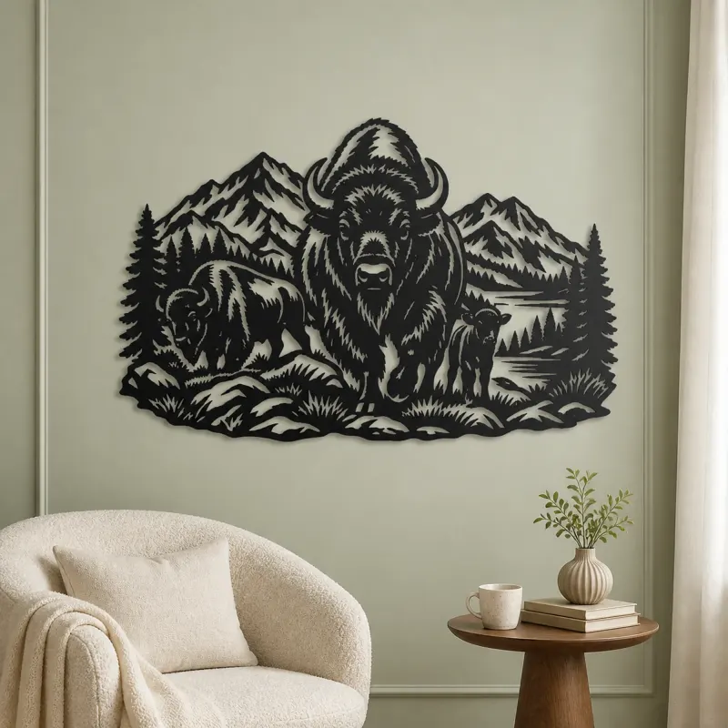 Buffalo Mountain Metal Wall Art | Wildlife Silhouette Decor - lifestyle view 2