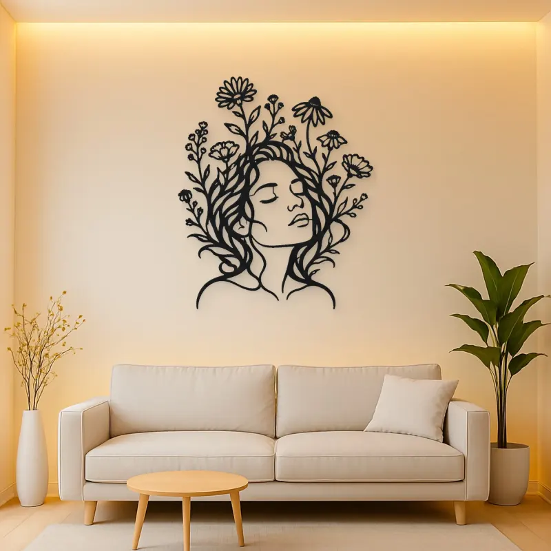Wildflower Face Metal Wall Art | Minimalist Woman Line Art