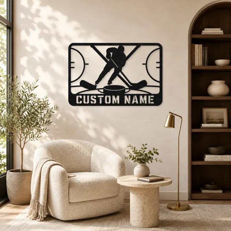 Personalized Ice Hockey Metal Wall Art with Crossed Sticks - lifestyle view 5