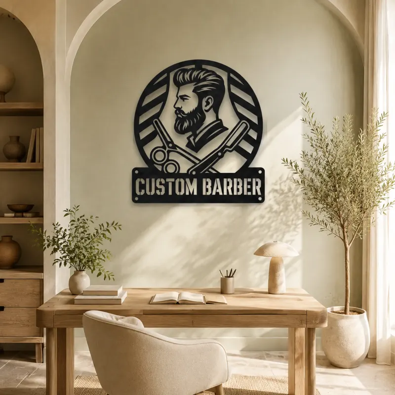 Personalized Barber Metal Wall Art with Scissors and Razor - lifestyle view 4
