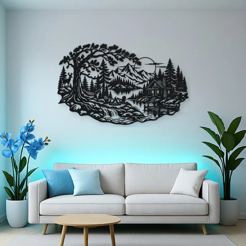 Forest Cabin Retreat Metal Wall Art | Nature Silhouette Decor