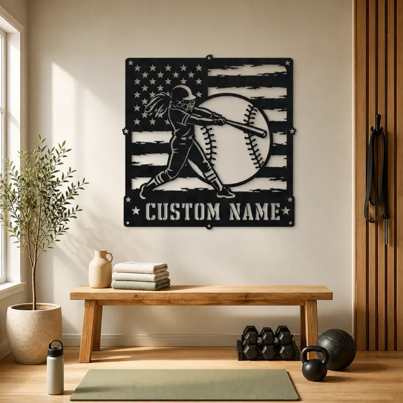 Personalized Softball Batter Distressed American Flag Metal Wall Art - lifestyle view 4