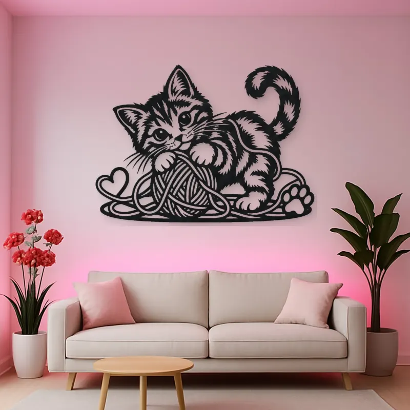 Playful Kitten Yarn Metal Wall Art | Pet Lover Silhouette Decor