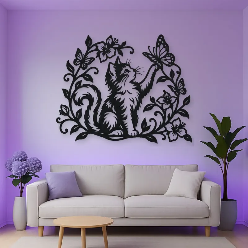 Cat and Butterfly Vine Metal Wall Art | Pet Lover Silhouette Decor