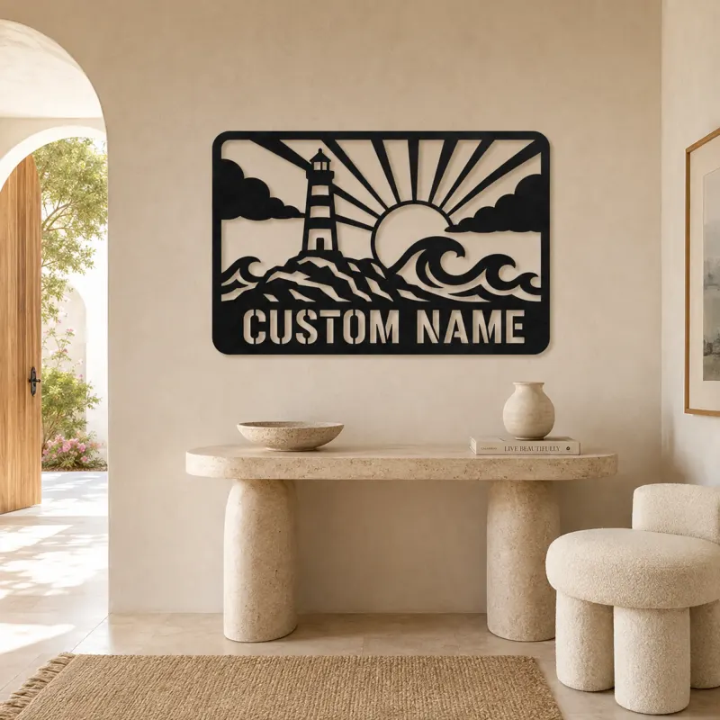 Personalized Lighthouse Metal Wall Art with Ocean Waves - lifestyle view 3