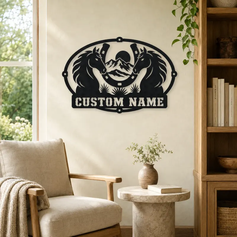 Personalized Two Horse Metal Wall Art with Horseshoe Frame - lifestyle view 4