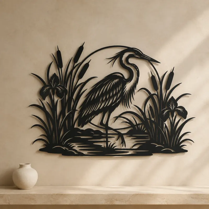 Heron Reed Garden Metal Wall Art | Wildlife Silhouette Decor - lifestyle view 3