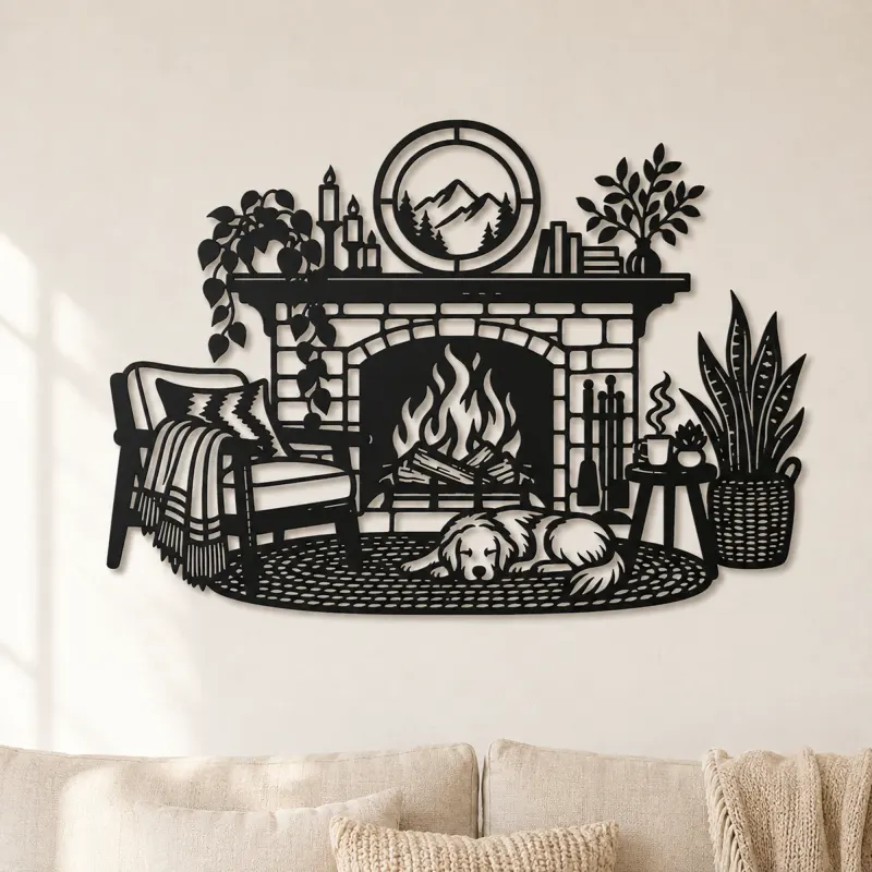 Cartel de metal personalizado de escena de chimenea moderna | Decoración de metal acogedora para el hogar