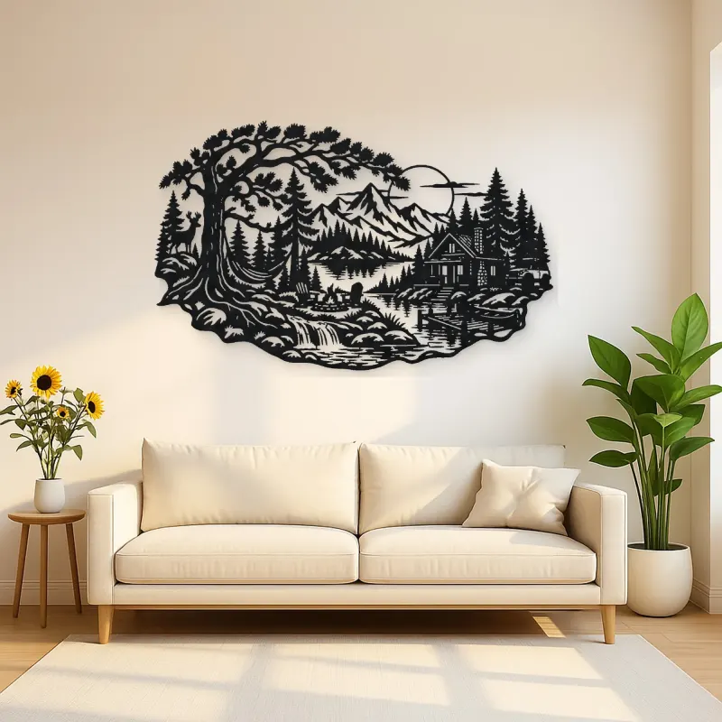 Forest Cabin Retreat Metal Wall Art | Nature Silhouette Decor