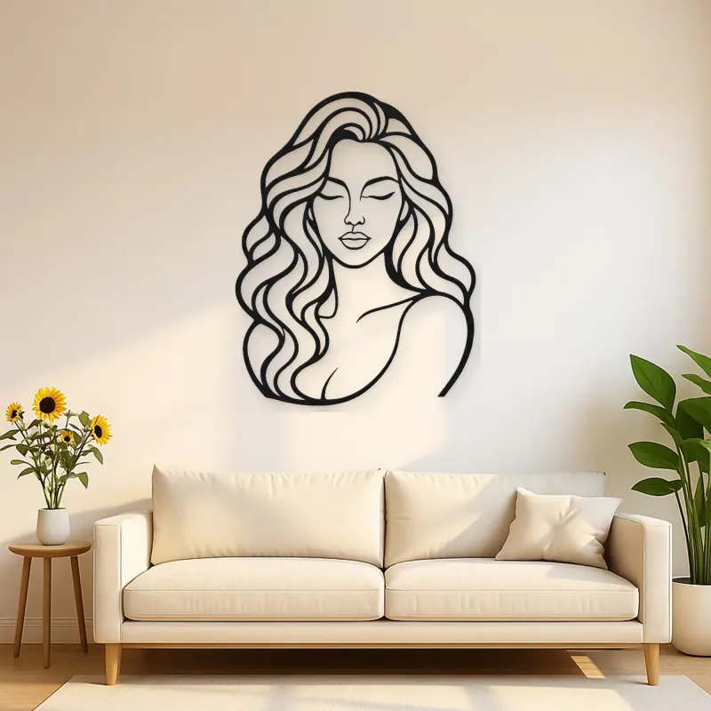 Wavy Hair Beauty Metal Wall Art | Minimalist Woman Line Art