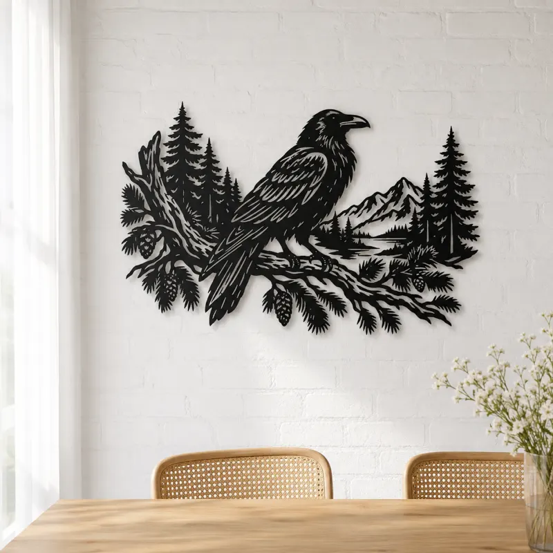 Raven Forest Branch Metal Wall Art | Wildlife Silhouette Decor - lifestyle view 4