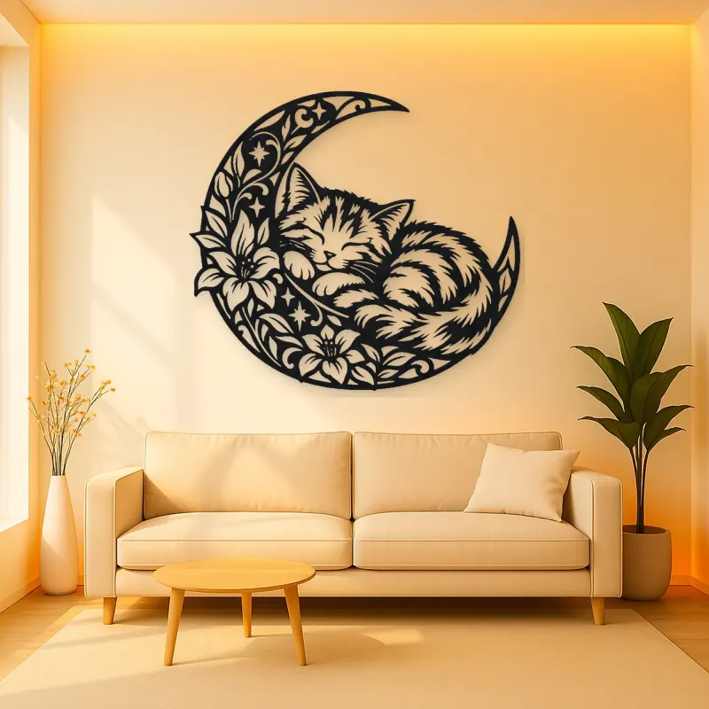 Sleeping Cat Crescent Metal Wall Art | Pet Lover Silhouette Decor