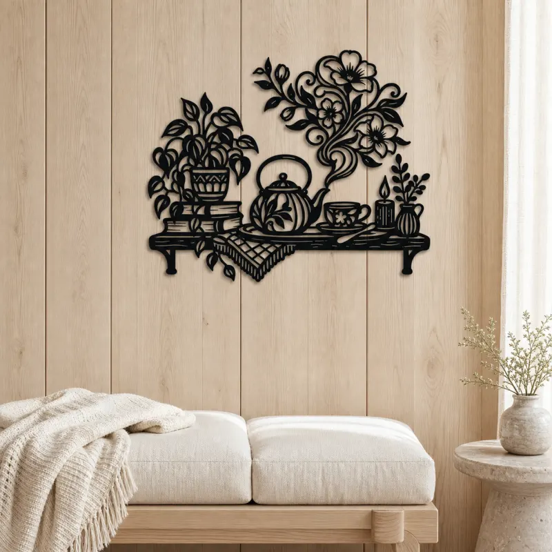 Teapot Floral Steam Metal Wall Art | Botanical Metal Wall Decor - lifestyle view 5