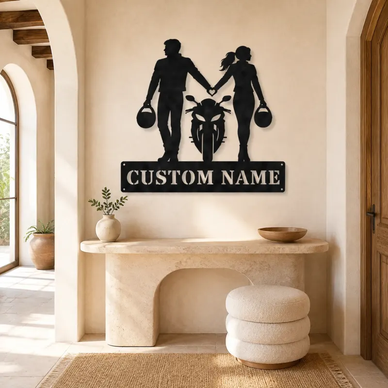Personalized Helmet Holding Motorcycle Couple Metal Wall Art - lifestyle view 3