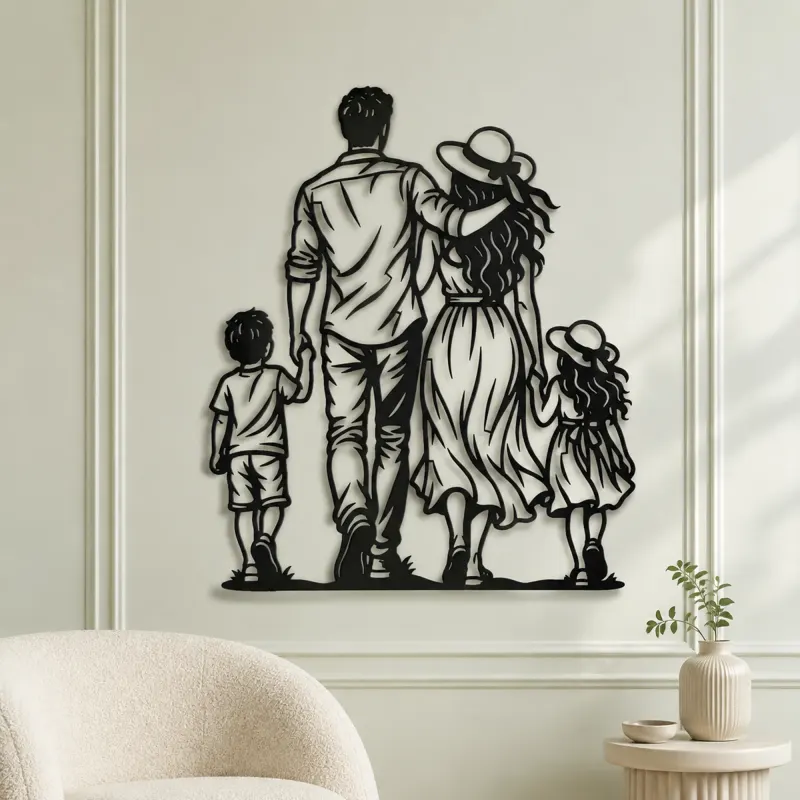 Family of Four Walk Metal Wall Art | Family Silhouette Decor - lifestyle view 2