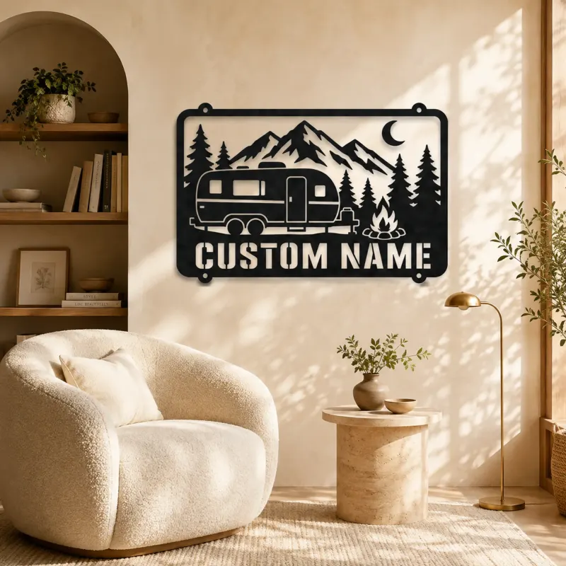Personalized Camper Trailer Metal Wall Art with Mountain Camp - lifestyle view 5